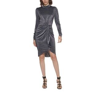 NWT CALVIN KLEIN Black Cheetah Animal Print Longsleeve Midi Sheath Dress Size 12